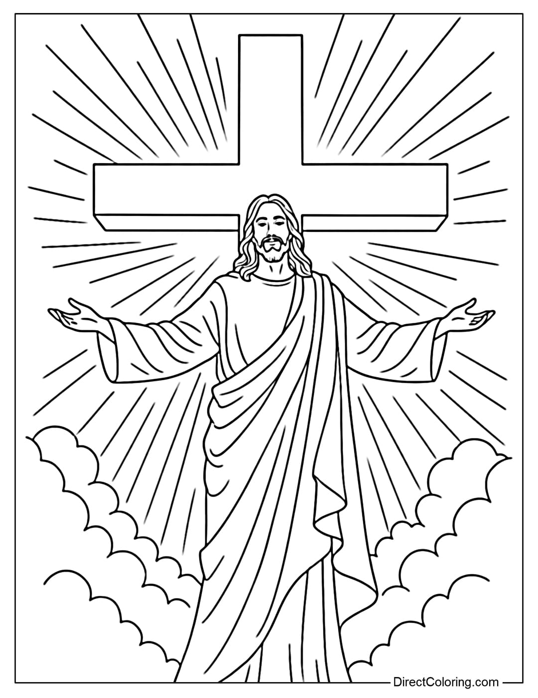Coloring page of a large cross with Jesus standing with arms outstretched in the foreground, and clouds and rays of light in the background.