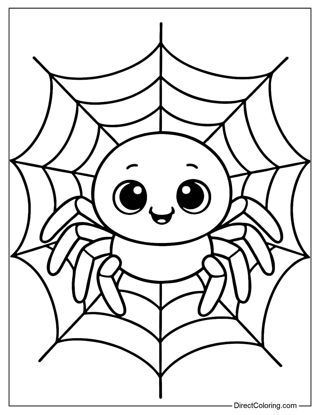 A coloring page of a plump, round spider with big, sparkling eyes sitting on a silk web like a hammock, smiling cutely.