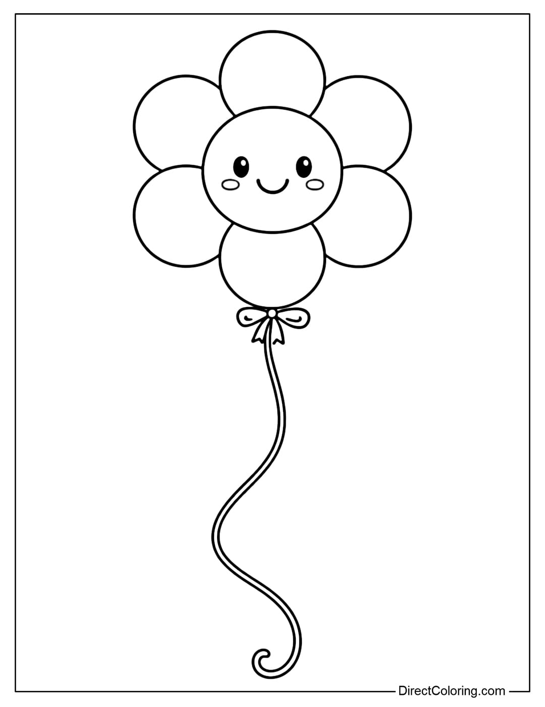 A coloring page depicting a flower-shaped balloon with evenly rounded petals and a smiling cartoon face as the center.