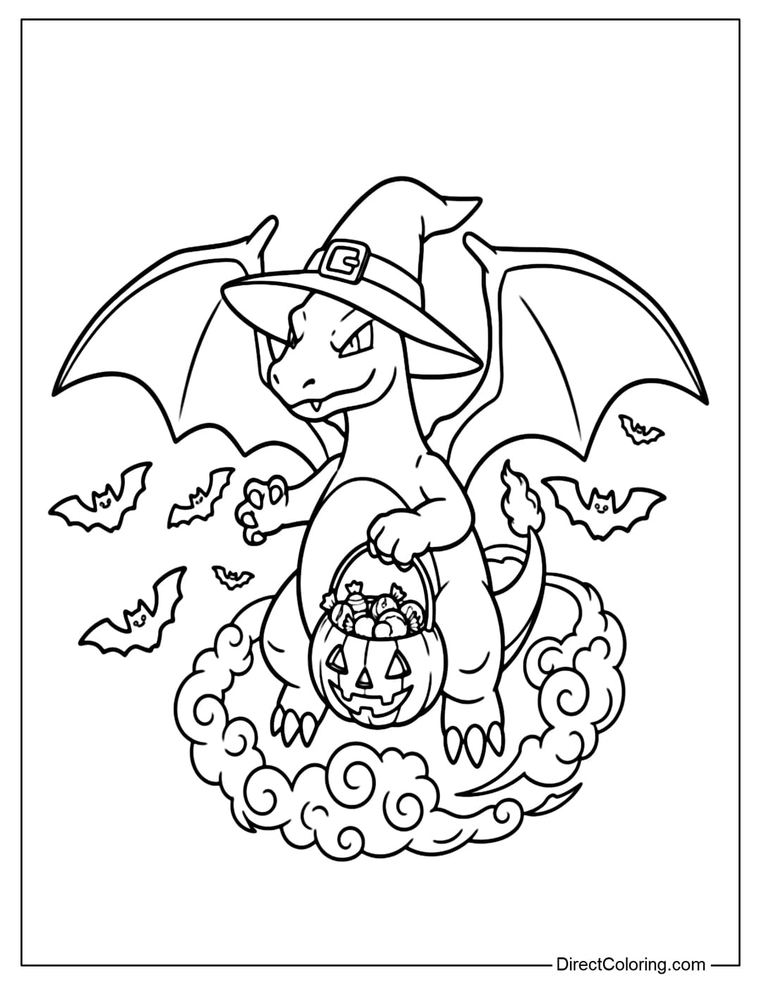 Coloring page of Charizard wearing a large witch hat, holding a basket of Jack-o'-lantern pumpkins, flying among the bats and the Halloween night mist.