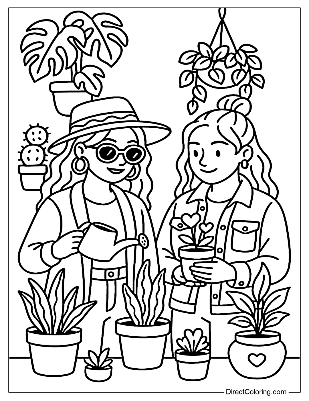 Coloring page of two girls taking care of indoor plants together, holding a small watering can, and neatly arranged bonsai.
