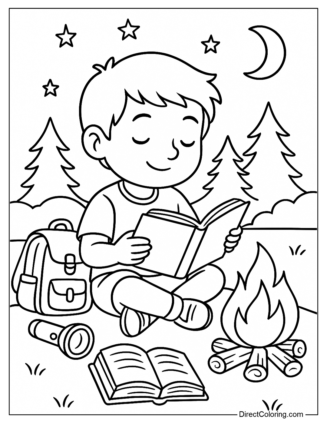 Coloring page of a boy reading a book by a campfire, with a backpack and flashlight.