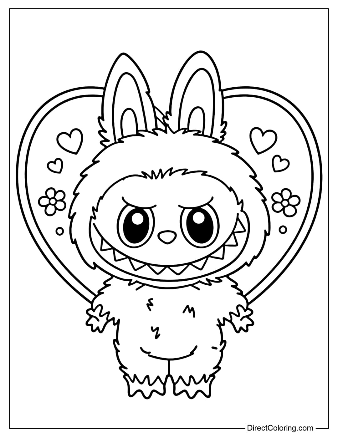 A Labubu coloring page standing inside a large Valentine's Day heart frame.