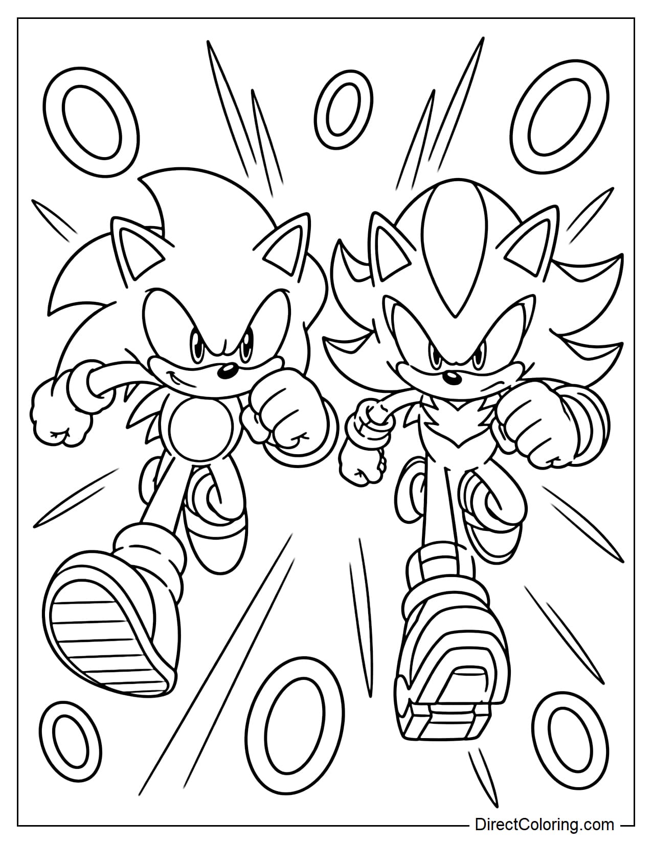 Sonic and Shadow race side by side in a high-speed race, striking powerful poses, surrounded by moving lines and several golden rings.