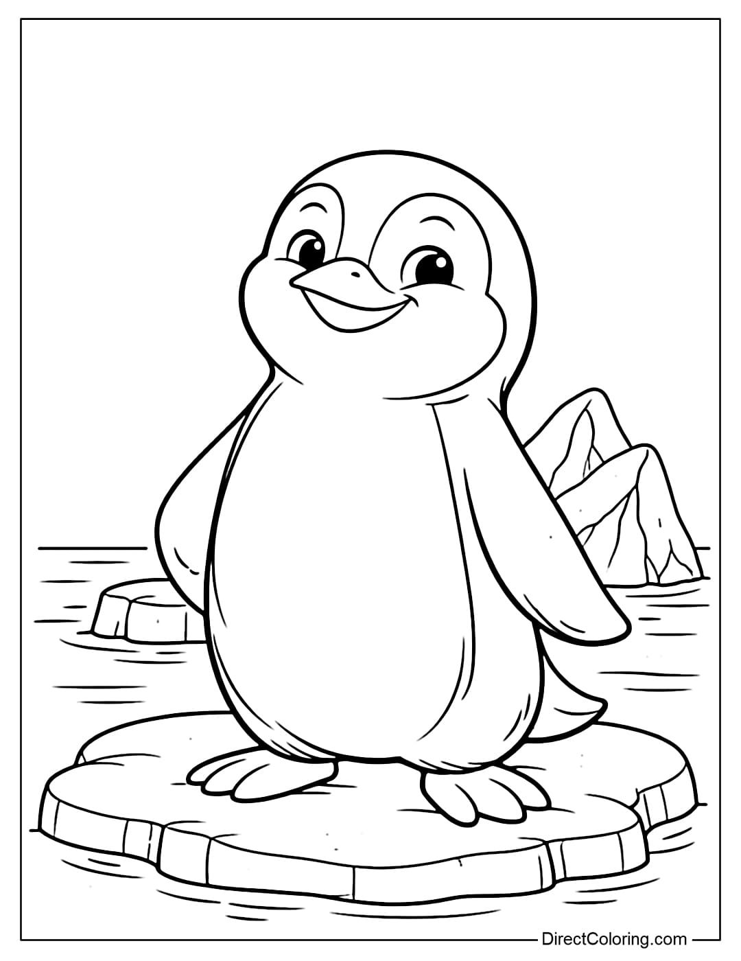A coloring page of a penguin standing next to a small iceberg in the background.