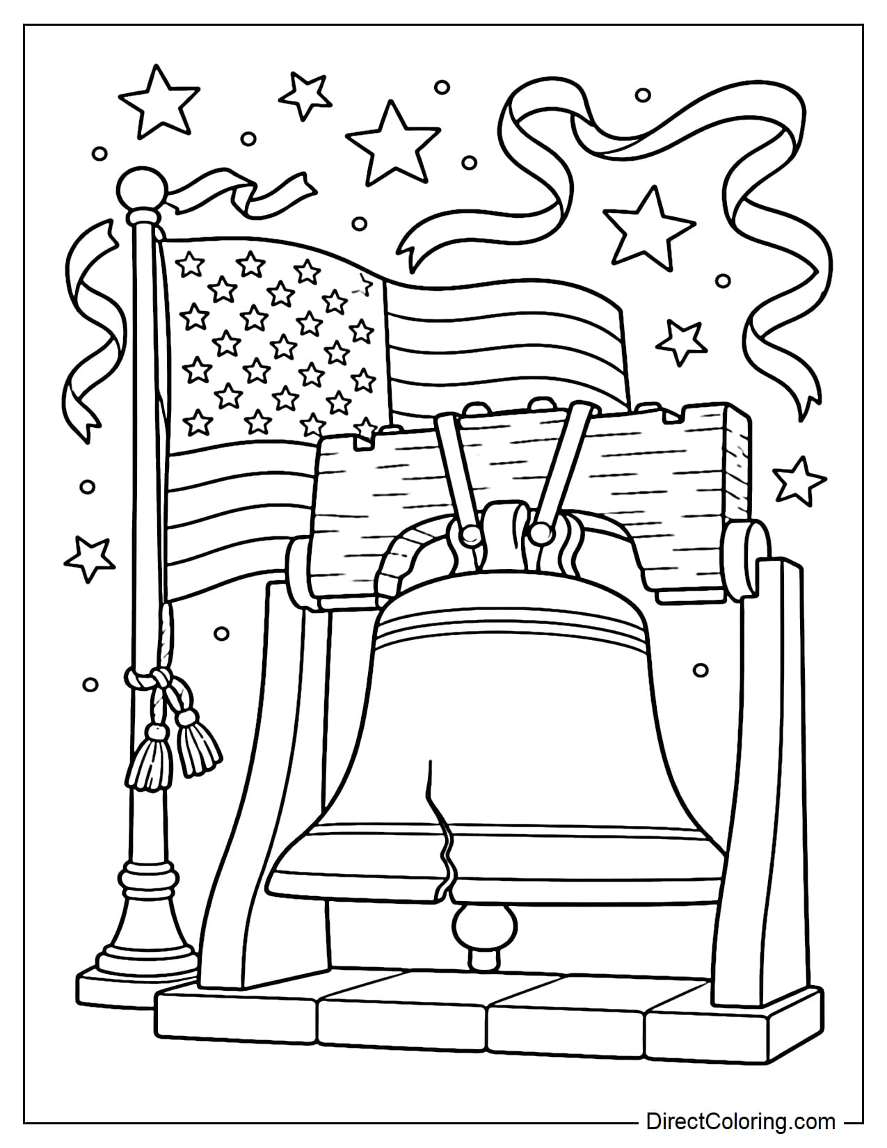 A large Liberty Bell next to an American flag, with many stars and ribbons on top.