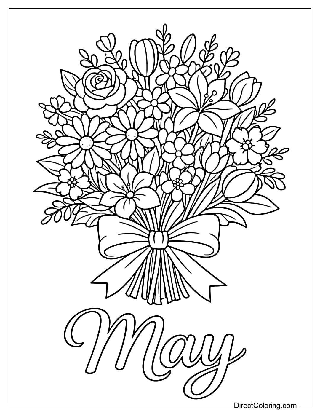 A coloring page of a large bouquet tied with a simple ribbon, with the word 