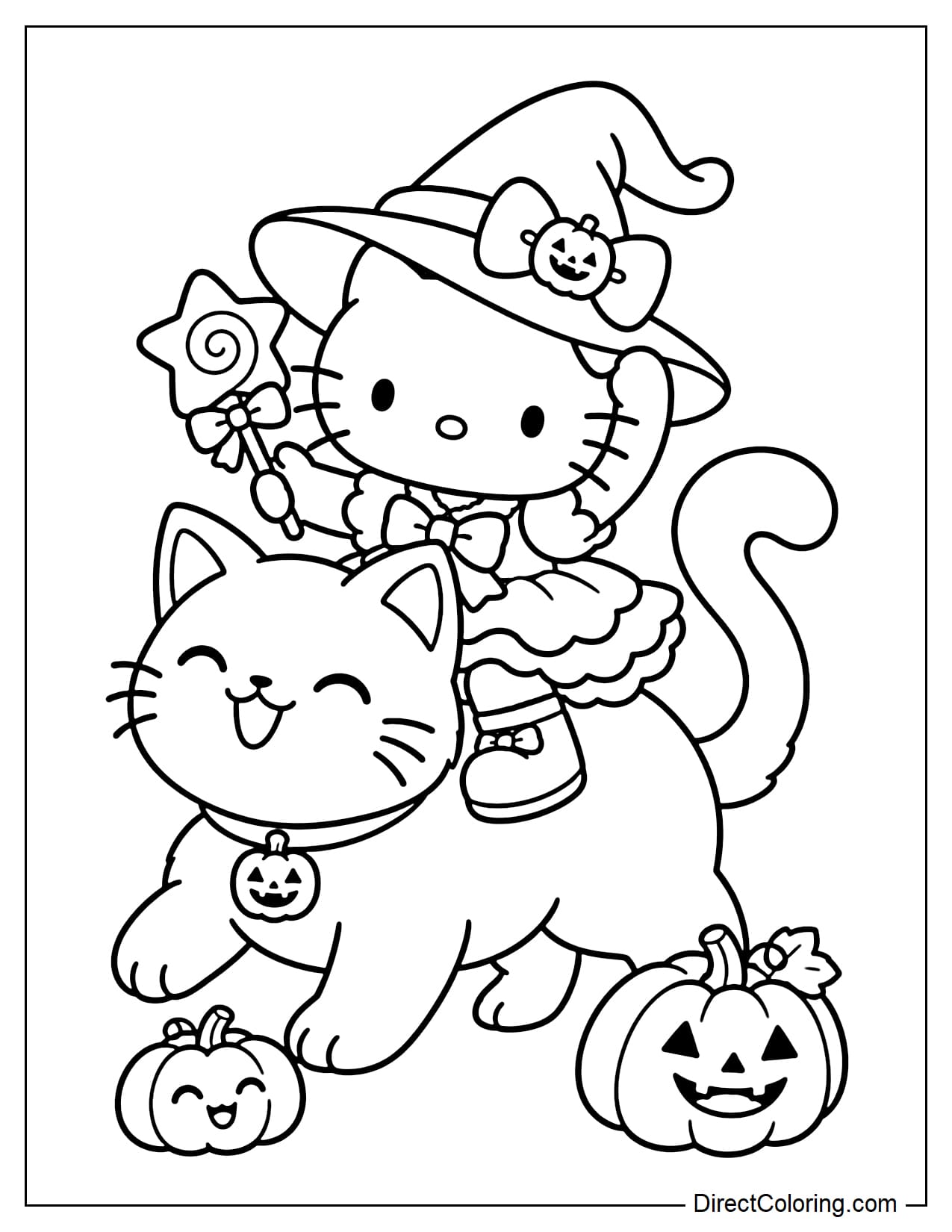 Hello Kitty wears a witch hat and a short dress while riding a chubby Halloween black cat with a question-mark-shaped curled tail. One hand holds onto her hat, while the other carries a star-shaped lollipop. Two small pumpkins sit below.