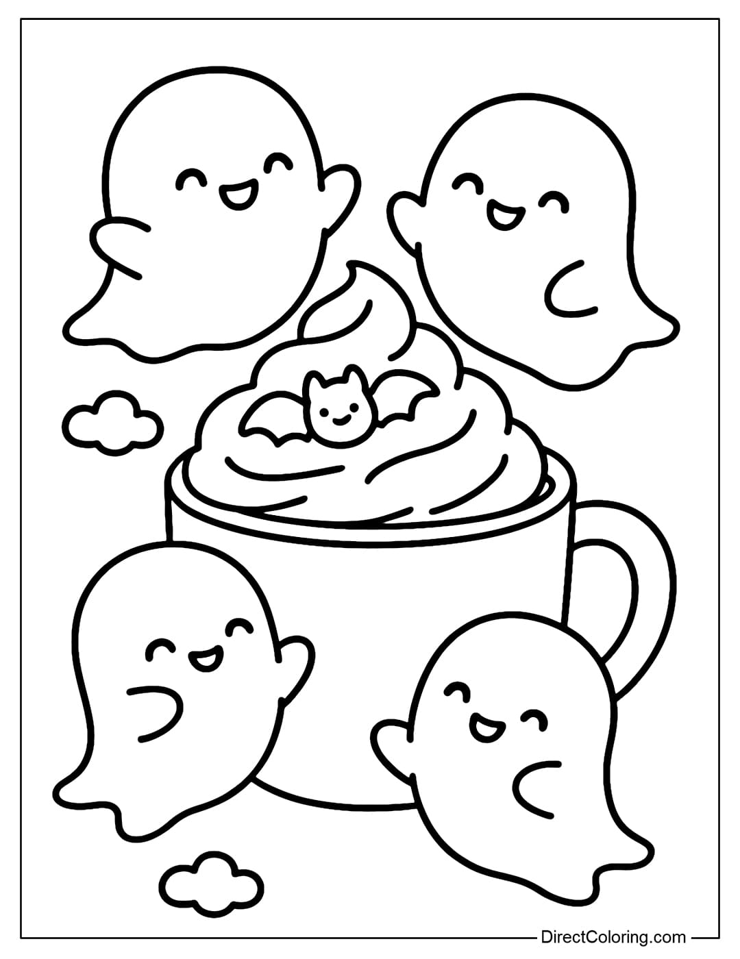 Coloring page of marshmallow ghosts, laughing over a cup of hot cocoa topped with whipped cream and bat-shaped marshmallows.