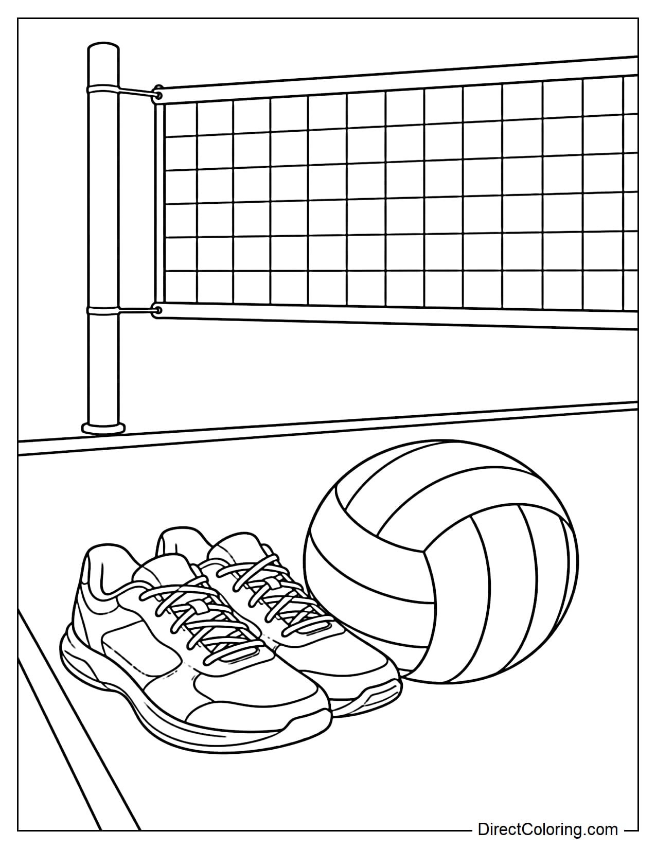 A volleyball is resting on the court beside a pair of sports sneakers, with a volleyball net in the background.