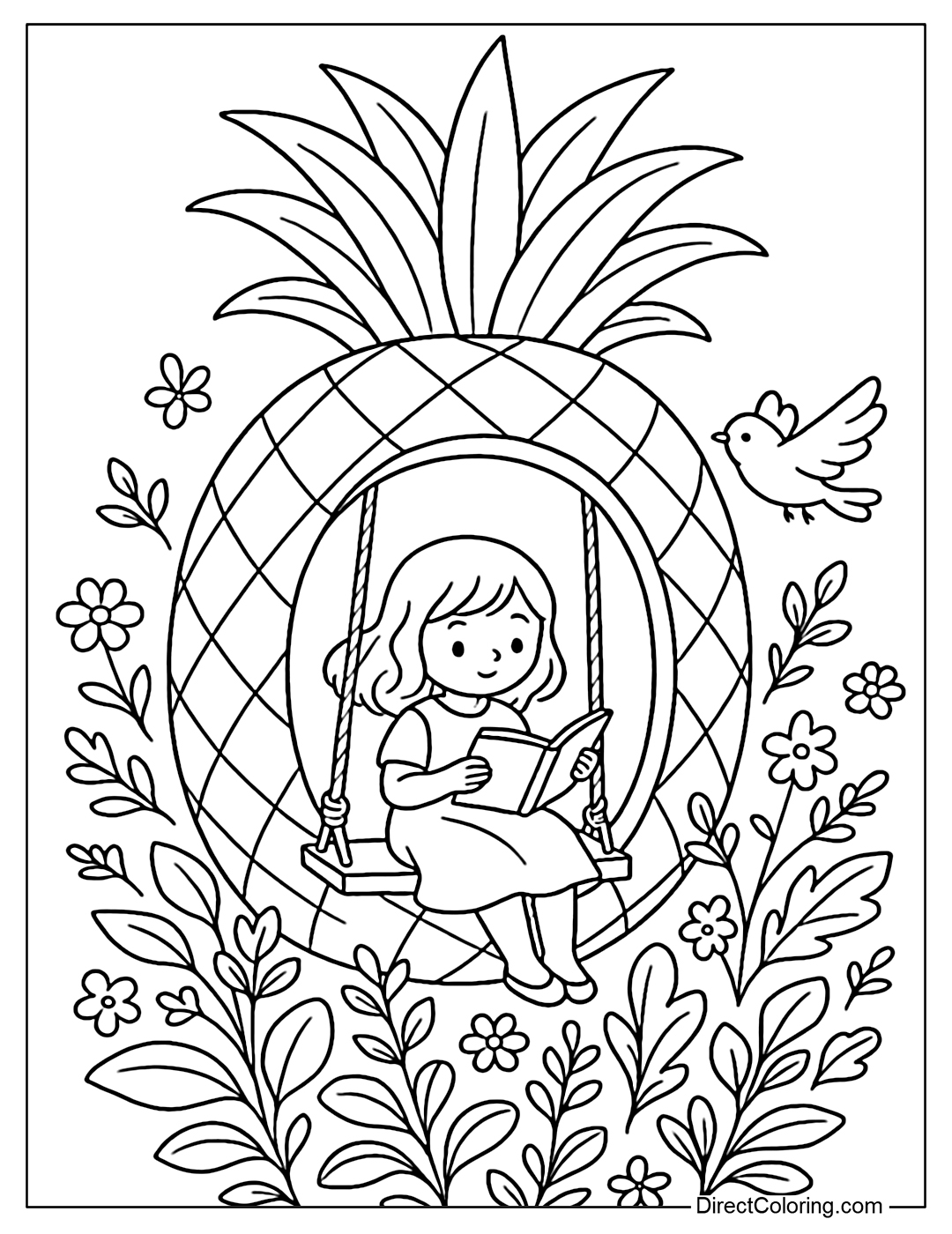 Coloring Page The pineapple is carved out, inside there is a swing hanging on a rope and a little girl is sitting reading a book