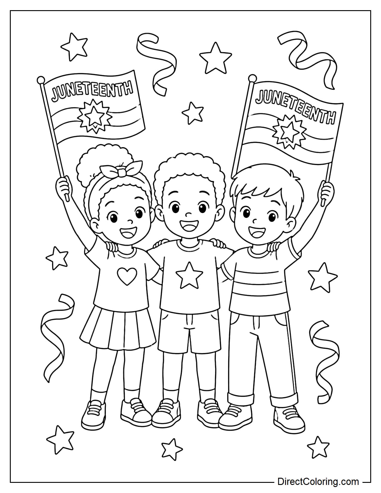 Children holding Juneteenth flags and smiling happily, standing together creating a sense of unity and celebration. A few stars and simple ribbons surround them.