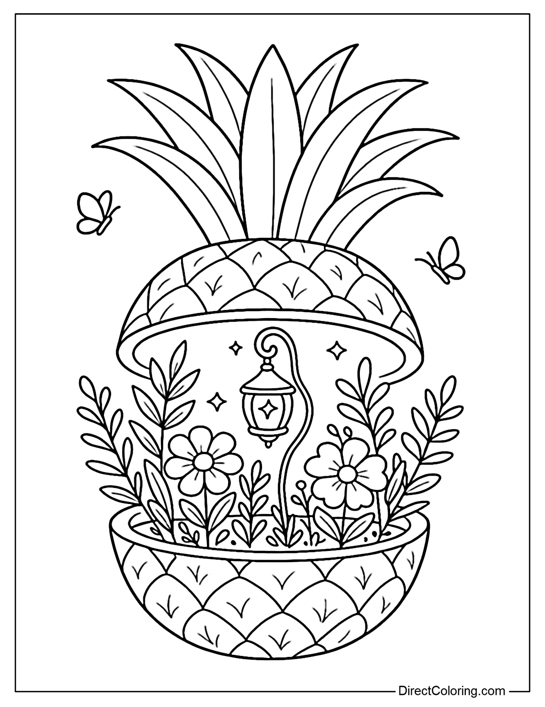 Pineapple coloring page opens slightly, inside is a small flower garden and a magical lamp.
