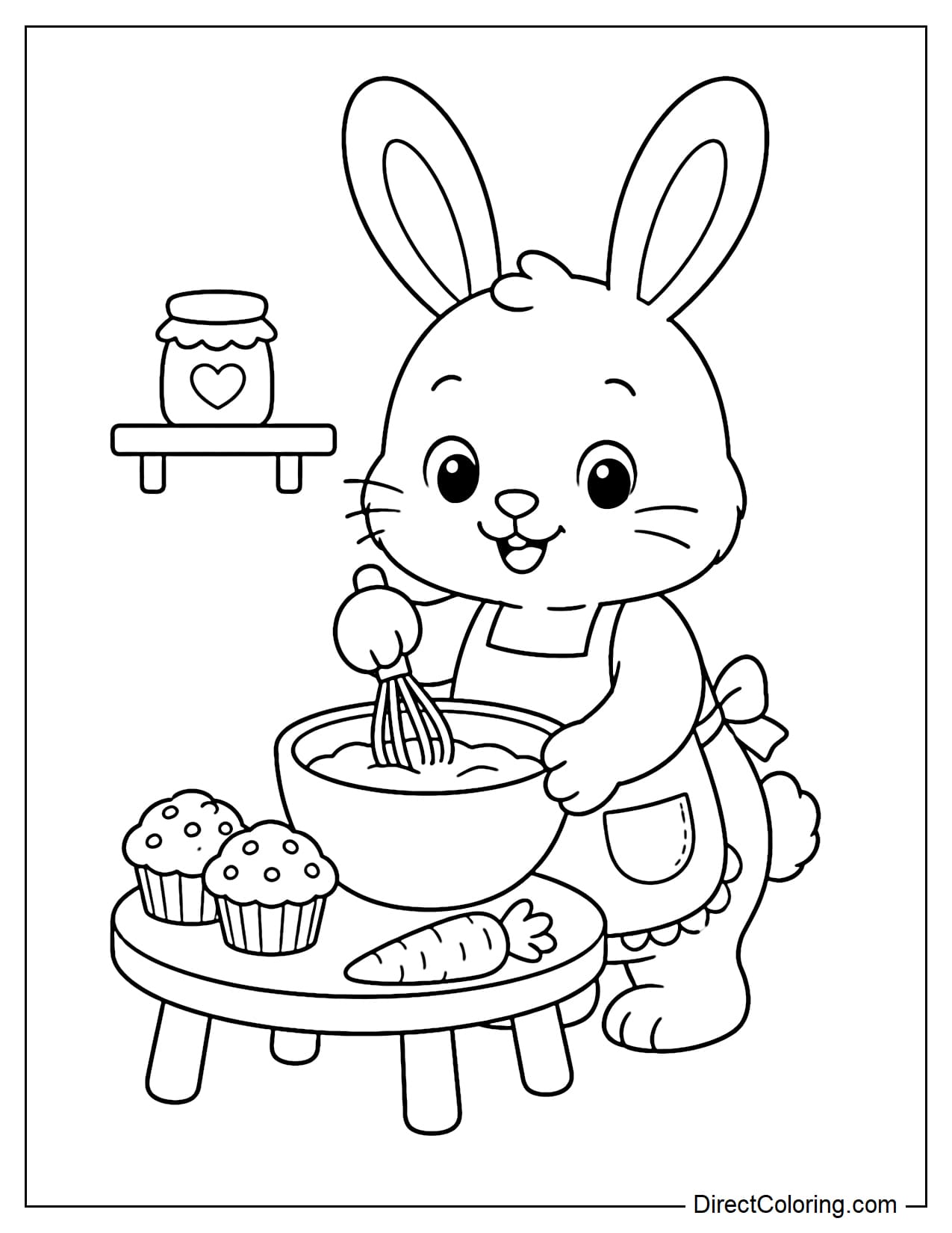 A rabbit wearing an apron stands beside a low kitchen table, stirring a large bowl of batter with one paw. Two muffins and a carrot sit nearby, with a small shelf and jar in the background.