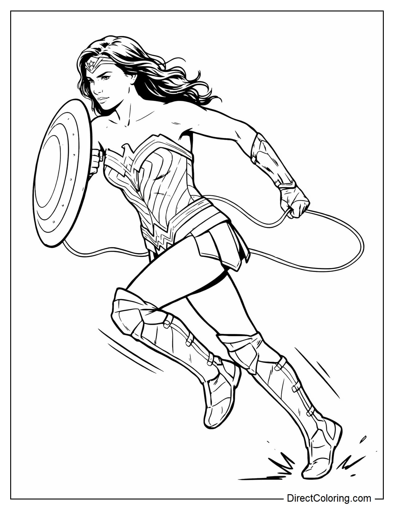 Wonder Woman runs powerfully forward, holding a round shield close to her body with one hand while carrying her Lasso of Truth in the other, its long curved loop trailing behind her.