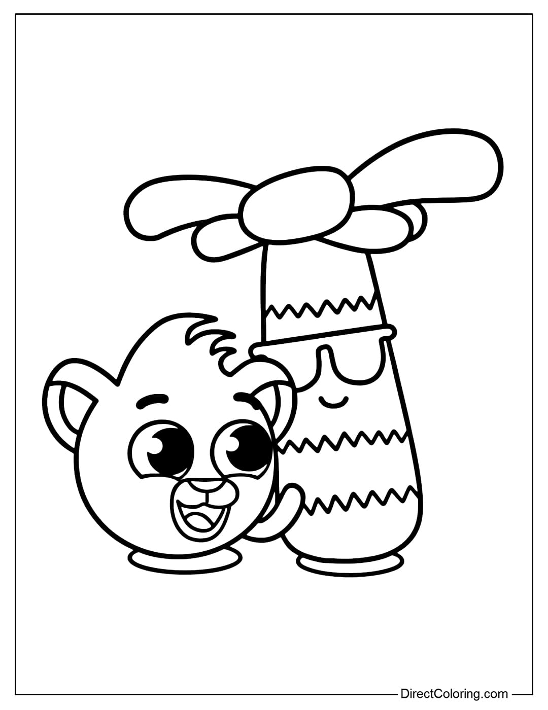 Coloring page of the smiling Rick Bolofofos lion standing next to a cartoon coconut tree wearing sunglasses.