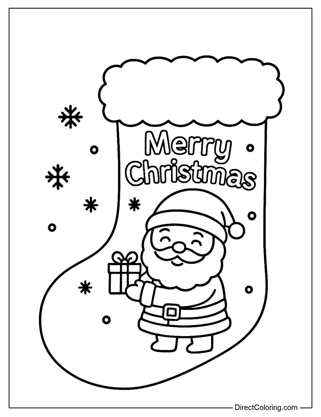 Santa Cozy Sock Coloring Page A coloring page of a stocking with thick, fluffy edges at the mouth, and a Santa Claus motif holding a small gift. The words Merry Christmas are on the body of the stocking.