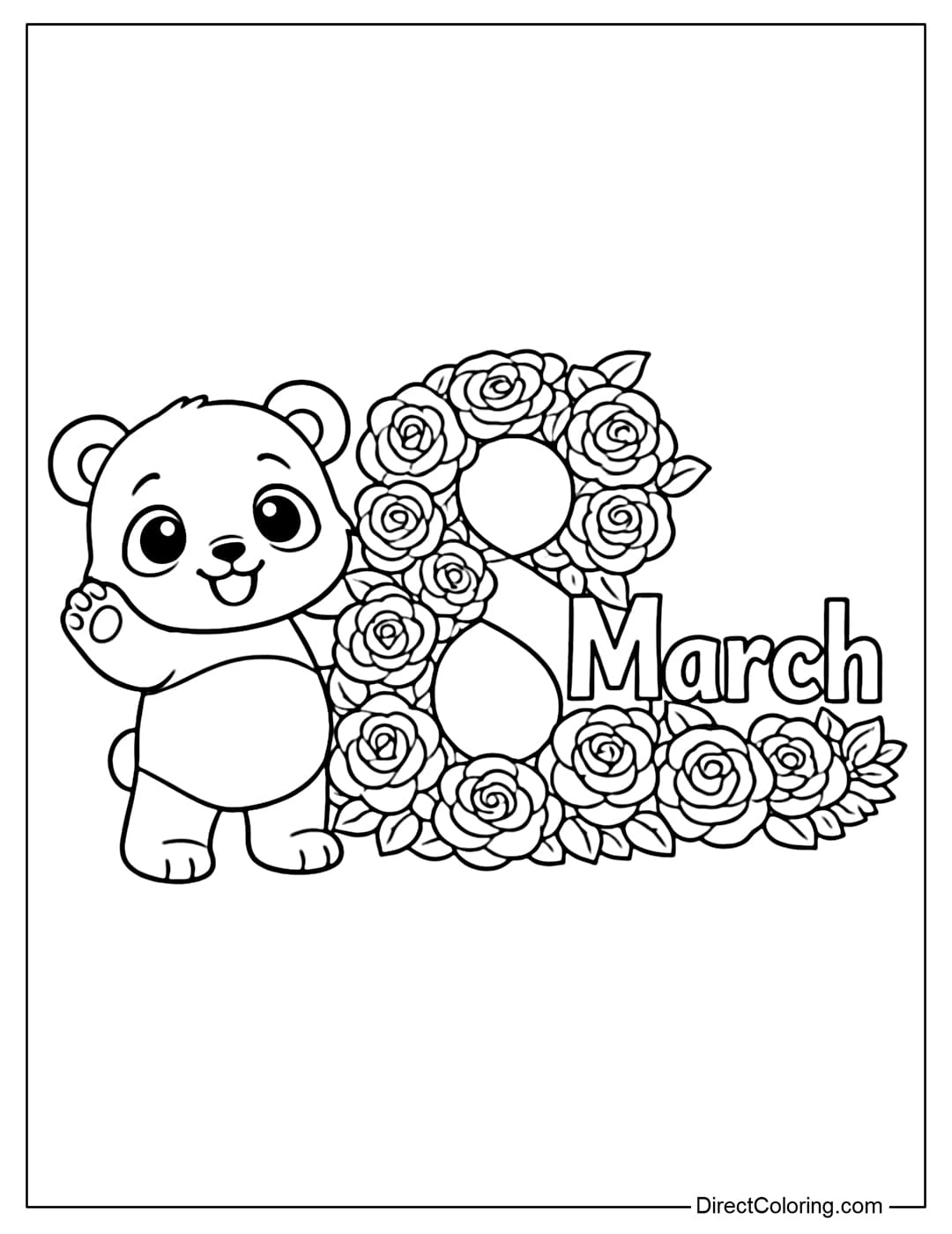 A coloring page featuring a cute panda standing next to the words 