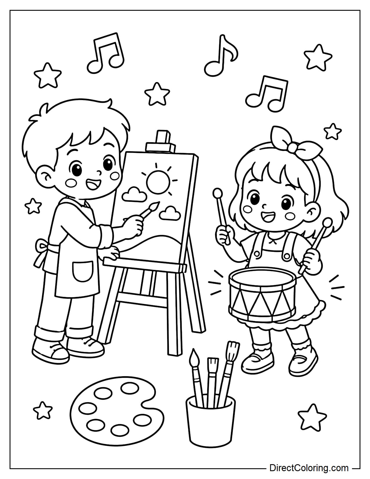 Two students participate in art day, one painting on an easel and the other playing a small drum.