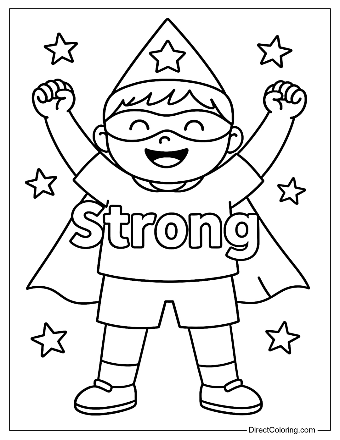 Strong coloring page with a picture of a child raising his hand or a small animal wearing a superhero hat.