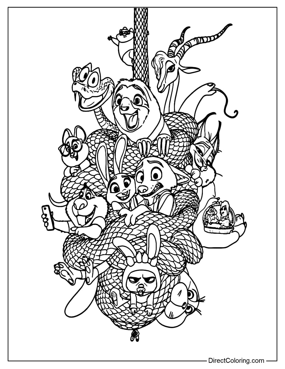 Coloring page featuring Zootopia 2 characters being humorously wrapped around each other by Gary.