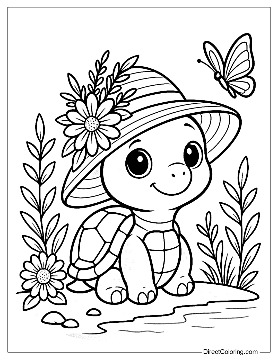 A coloring page of a cute turtle wearing a wide-brimmed hat decorated with flowers and leaves, sitting by the stream surrounded by flowers and grass. A small butterfly flies in front, creating a gentle, relaxing scene.