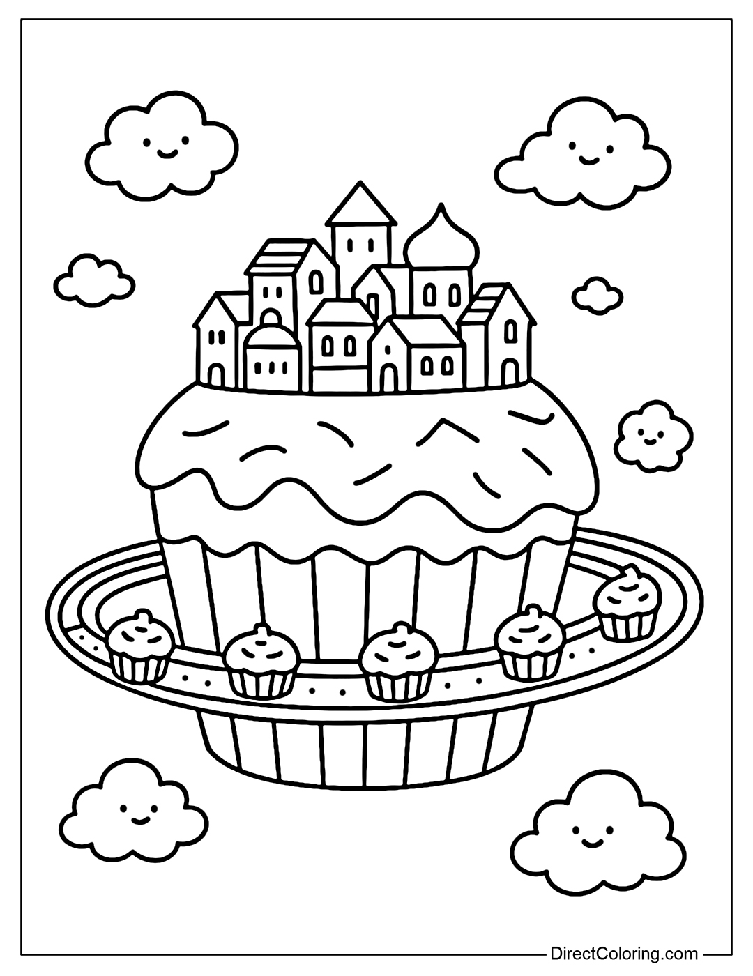 A giant cupcake planet coloring page with a multi-layered swirl of cream, topped with a cupcake city with towers, houses and lollipops.