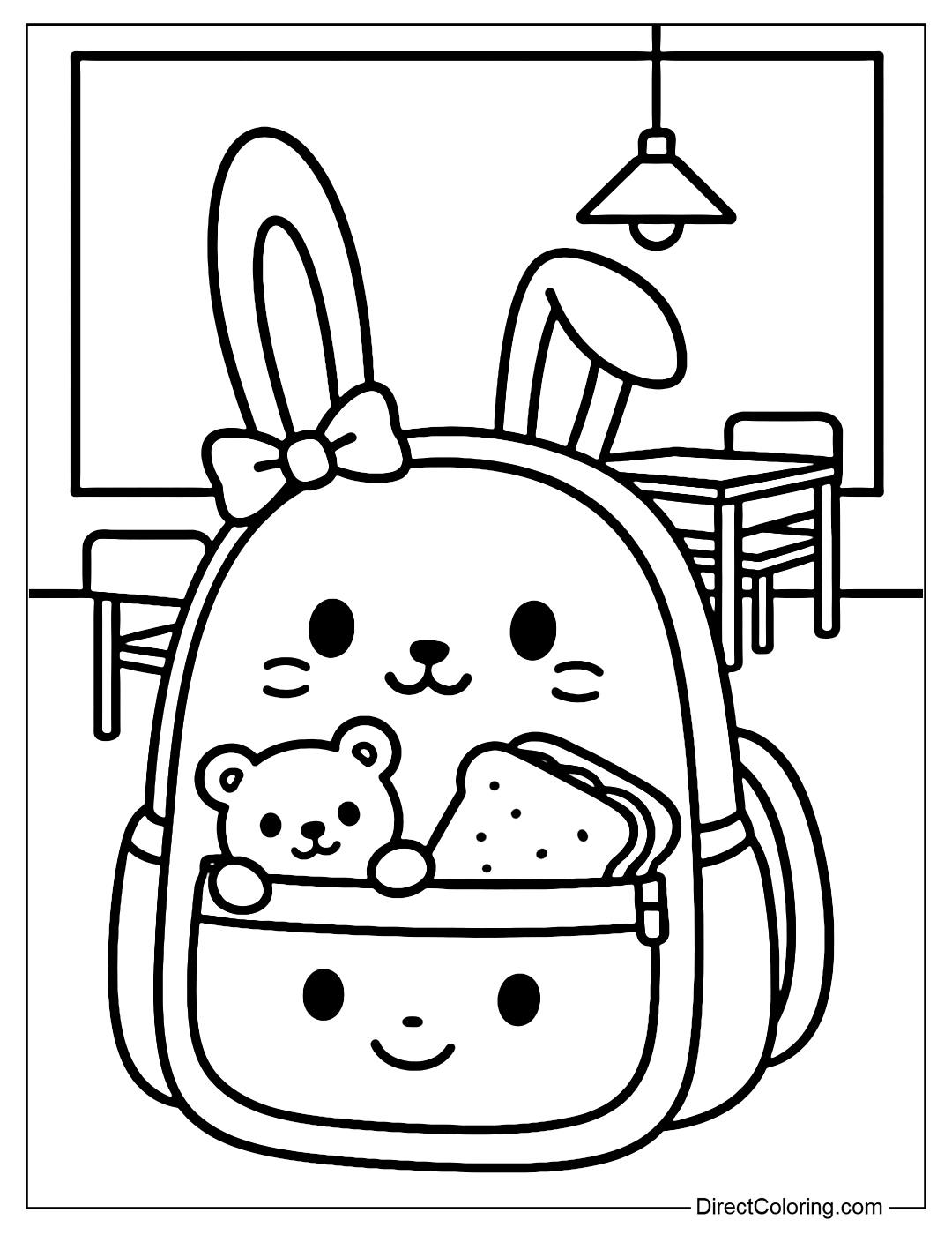 A coloring page of a backpack with bunny ears, a bow, an open mouth with a stuffed animal and a sandwich, with a classroom with mini tables and chairs and a star-shaped hanging lamp in the background.