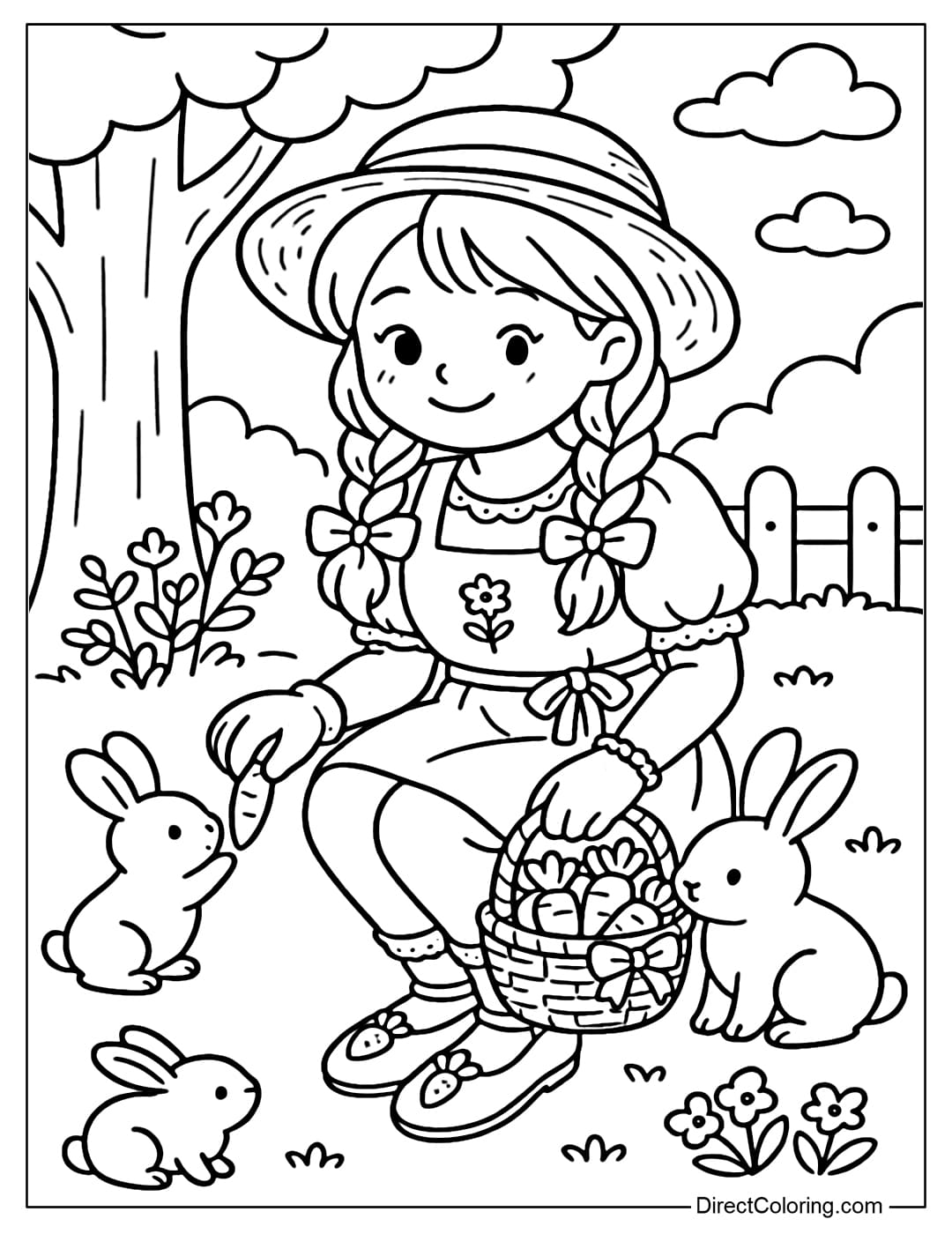 Coloring Page of A farm girl feeding carrots to a rabbit, with a wooden fence and flower bushes in the background.