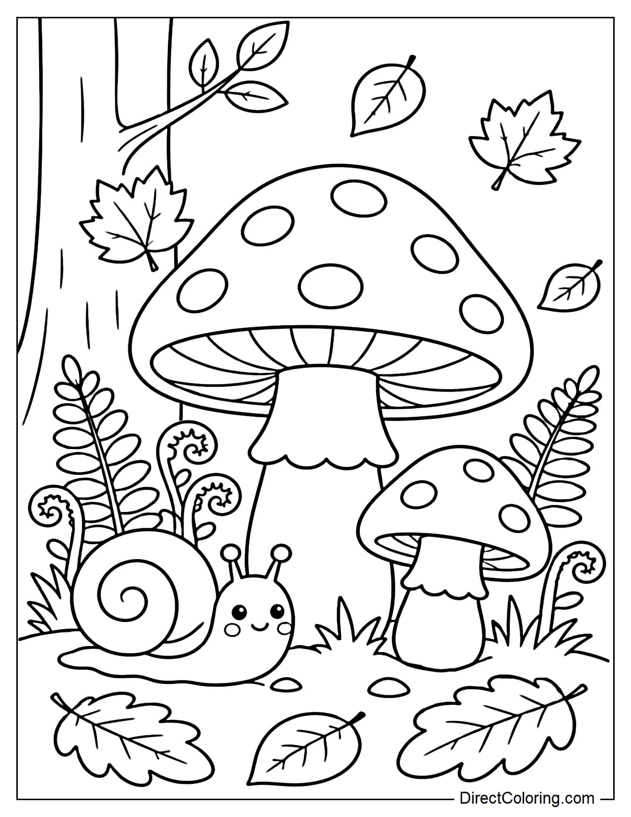 A large cluster of mushrooms in an early autumn forest, surrounded by small ferns, fallen leaves, and an adorable snail.