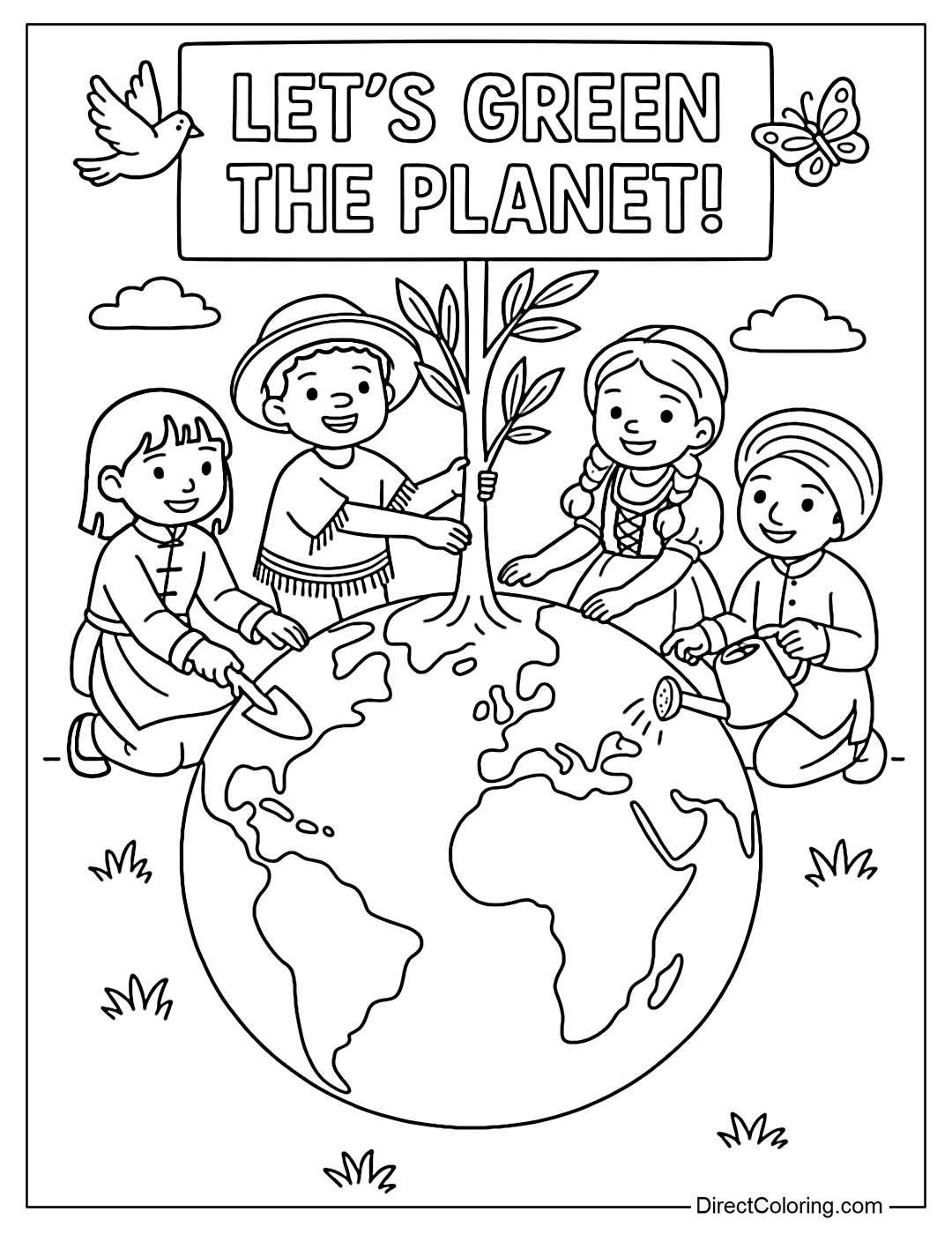 Coloring page for kids from many different countries planting trees on a large globe.