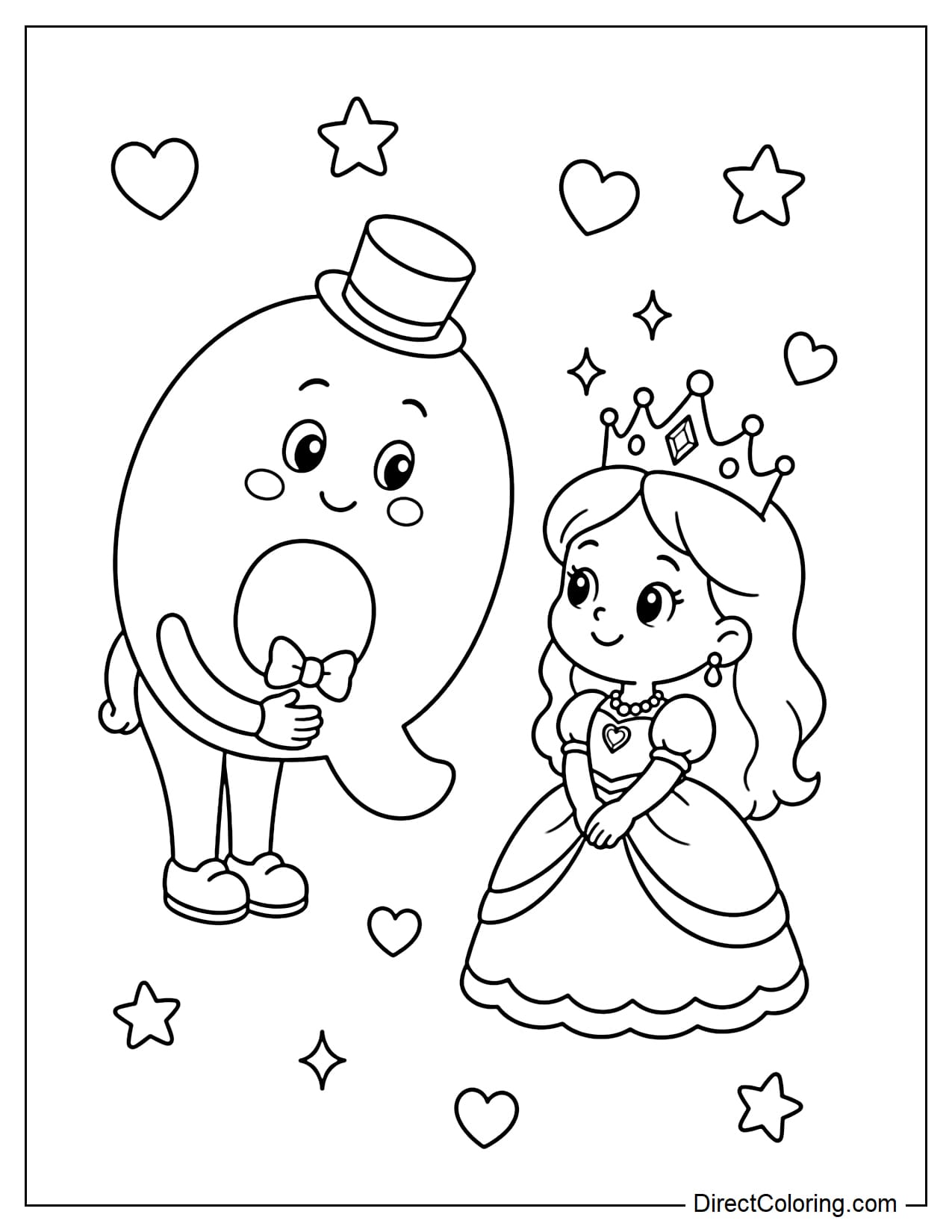 The cute letter Q is bowing to a little queen wearing a sparkling crown, surrounded by hearts and stars.