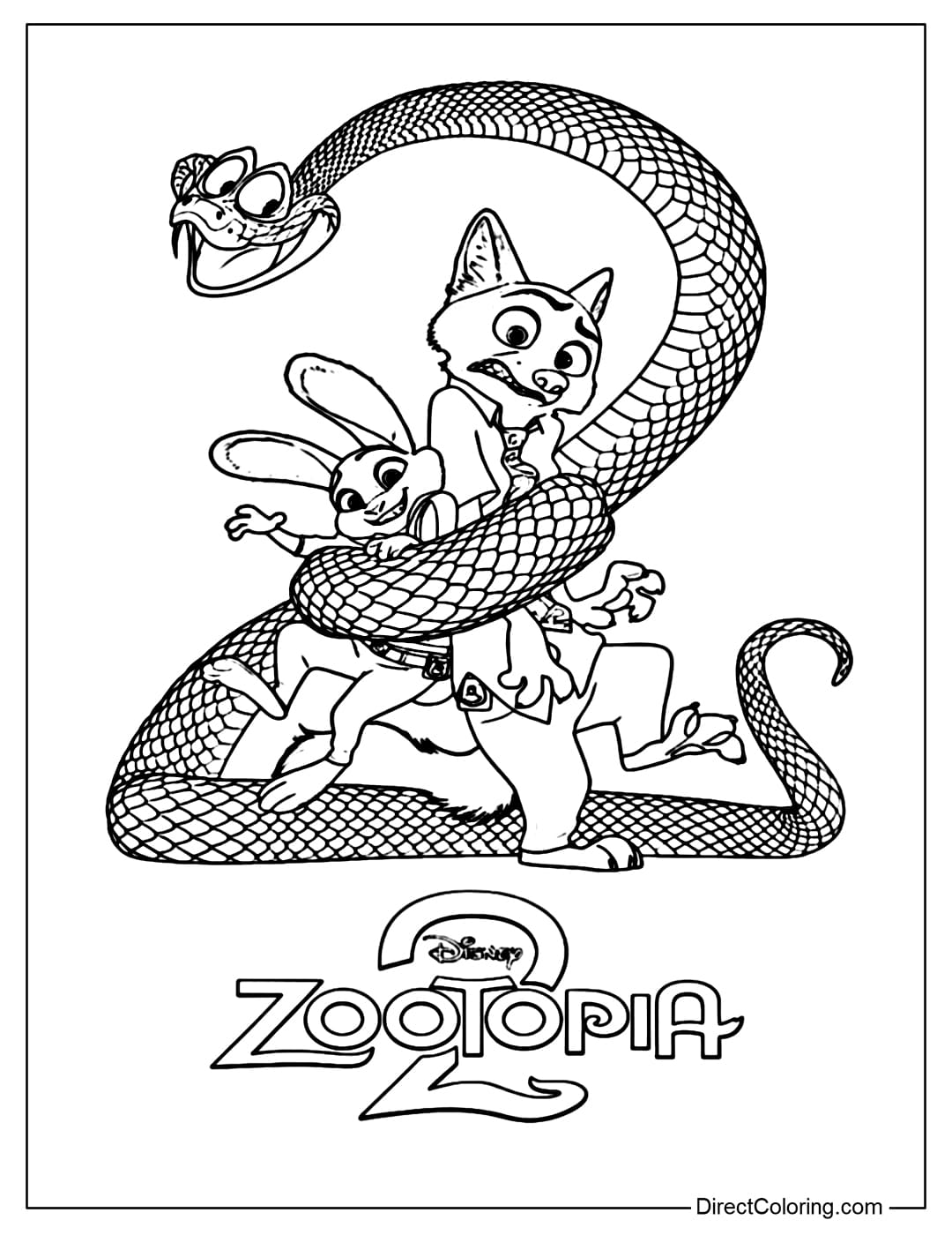 Coloring page depicting Nick and Judy being tightly wrapped by the giant snake Gary in a situation that is both dangerous and funny.