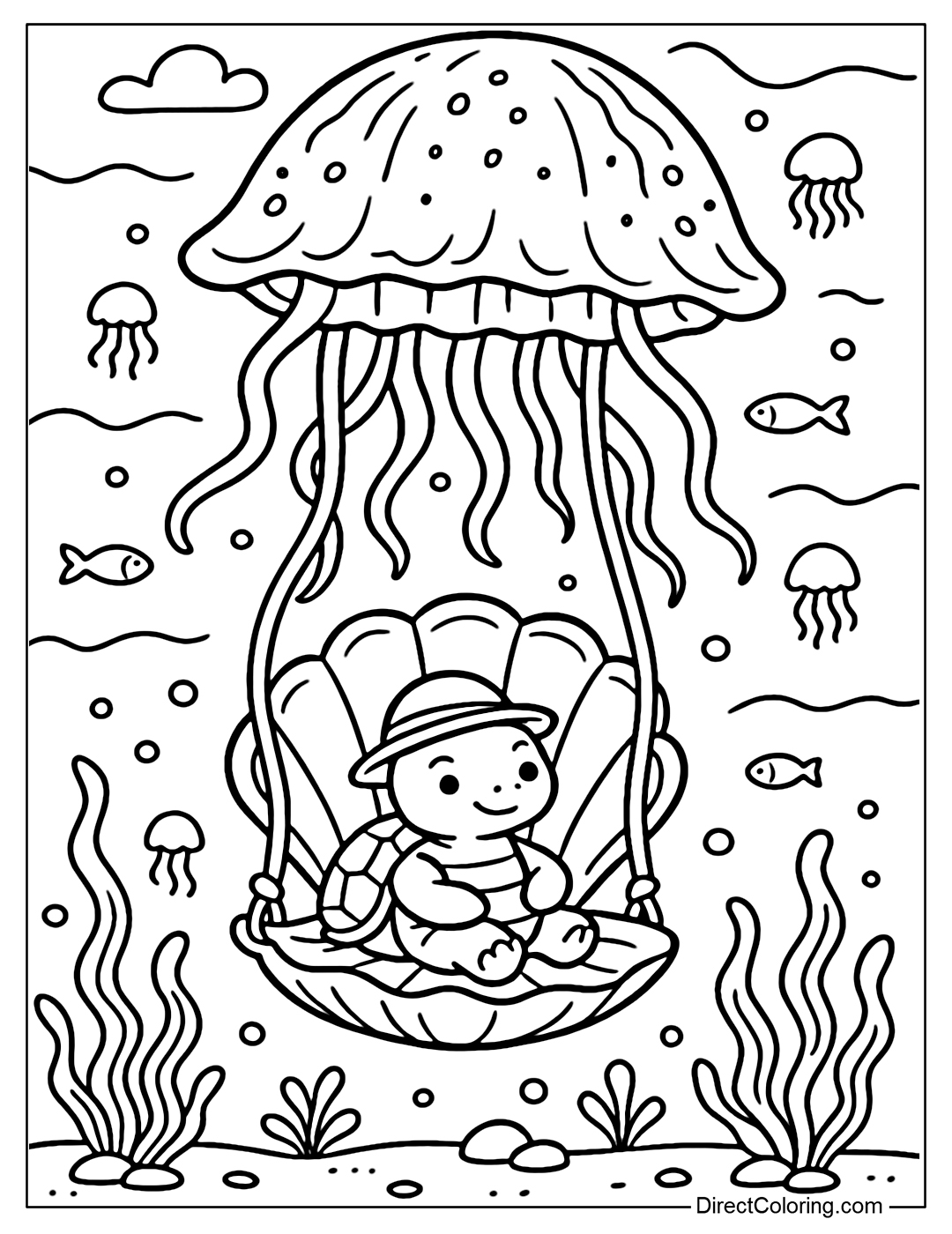 A swing coloring page under the sea hanging from a giant jellyfish, a turtle wearing a hat relaxing on a seashell chair.