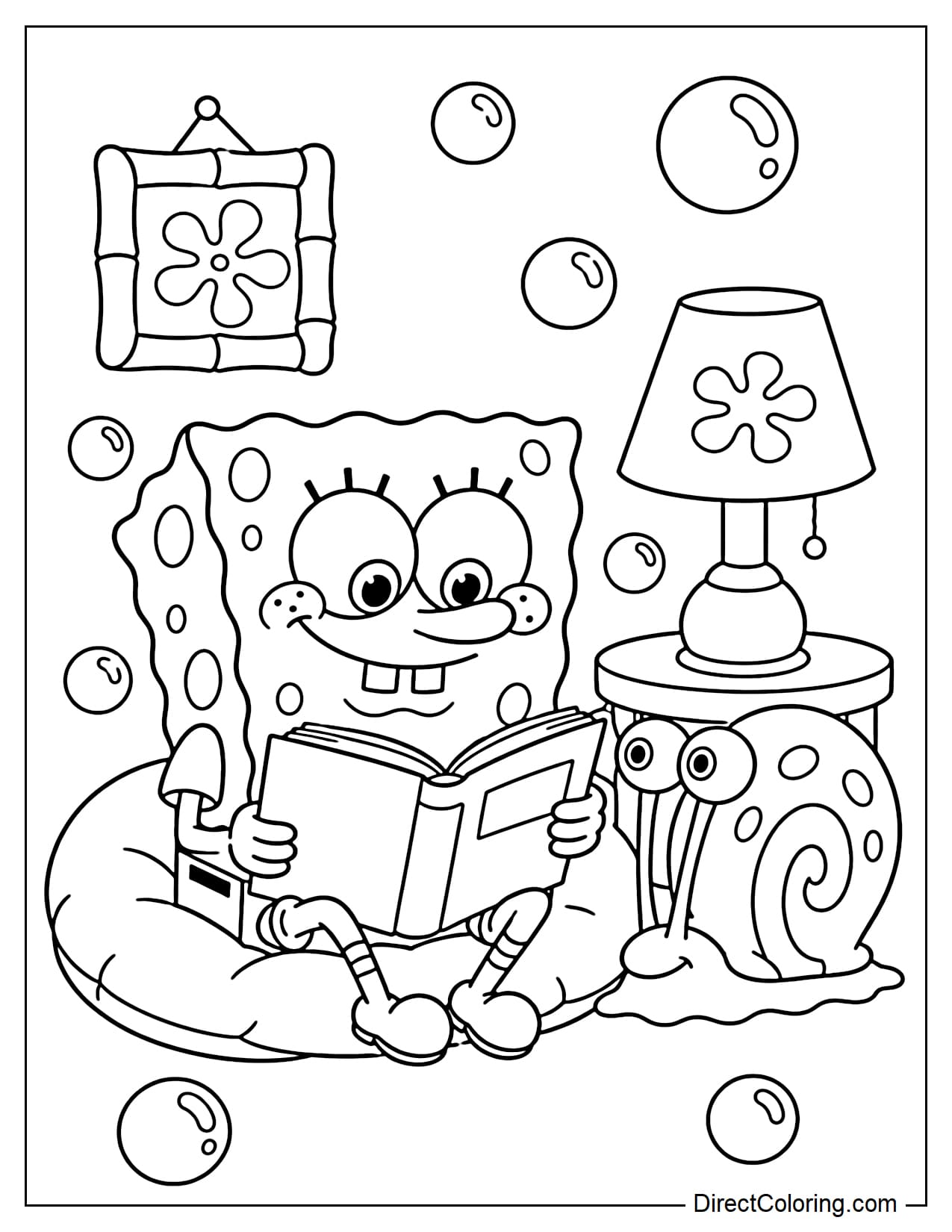 SpongeBob is sitting reading a book with Gary beside him, surrounded by some bubbles and a small lamp.