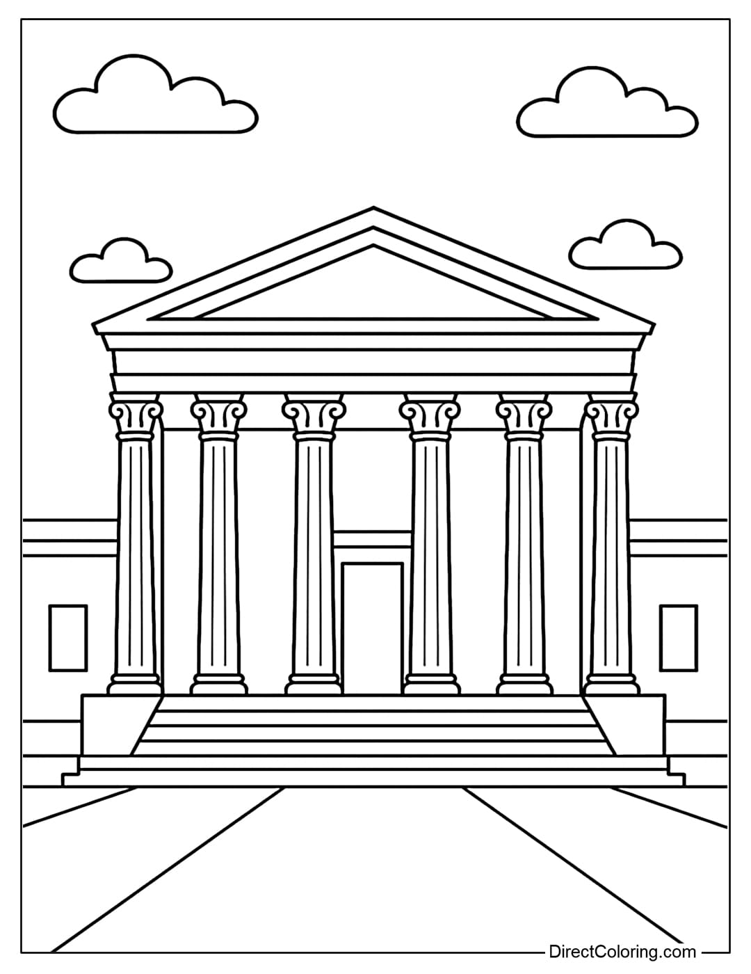 A coloring page of the US Supreme Court building with sturdy pillars, a few clouds in the sky.