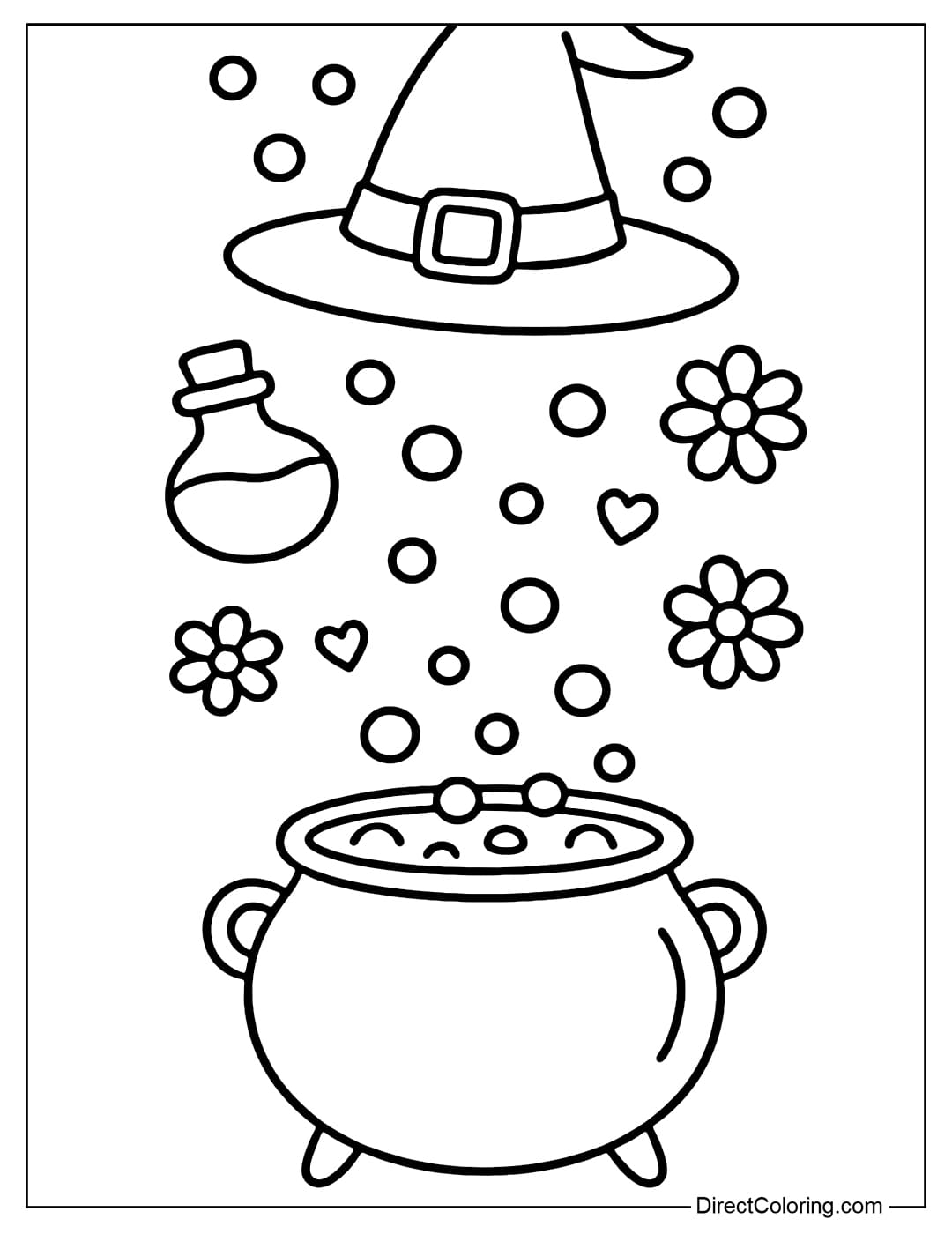 Halloween bookmark coloring page with a witch's hat, a potion boiling with bubbles, surrounded by potions, flowers and small hearts.