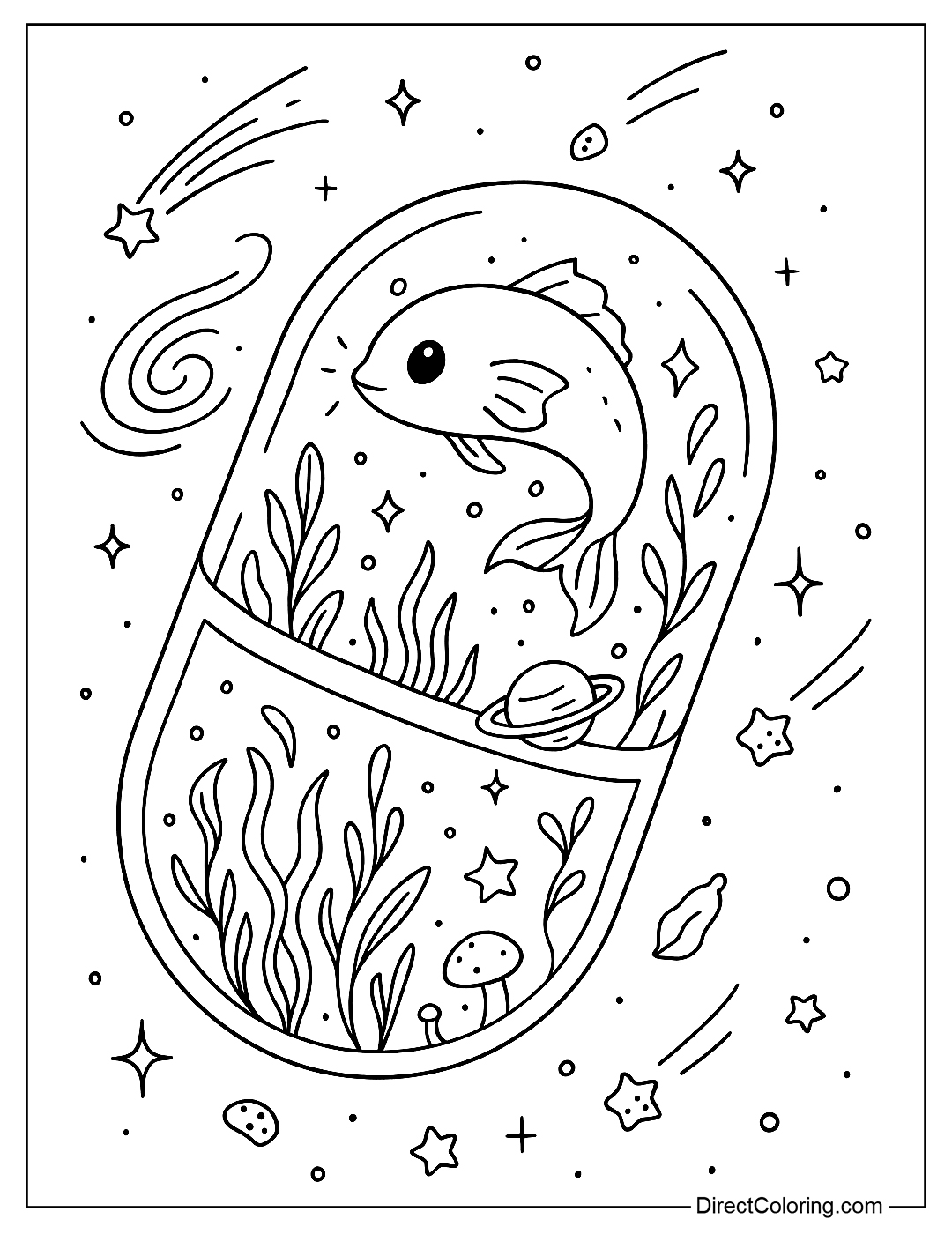 A spherical capsule coloring page like a space aquarium, with creatures inside glowing sea swimming among algae and miniature planet