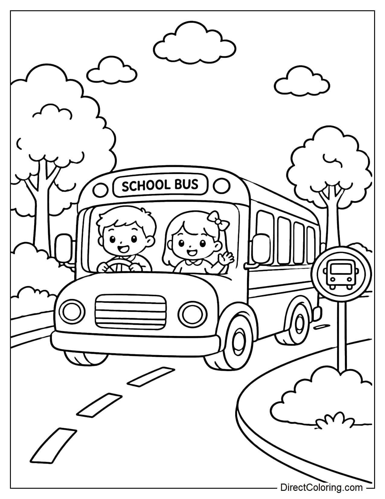 A school bus is driving on the street, surrounded by trees and simple signs.
