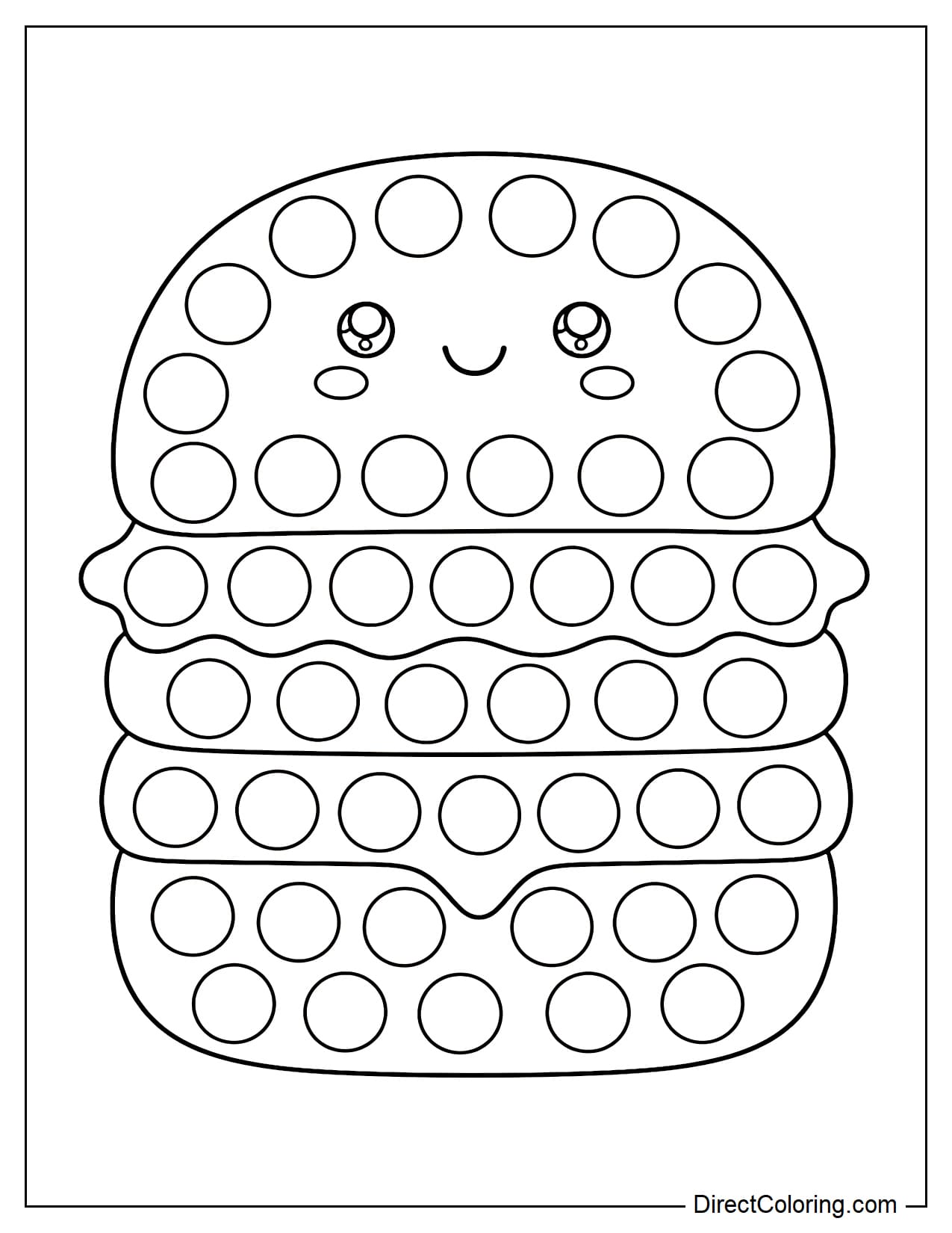A burger-shaped pop-it with simple stacked layers (bread, topping, bread), with round bubbles evenly distributed throughout the shape.