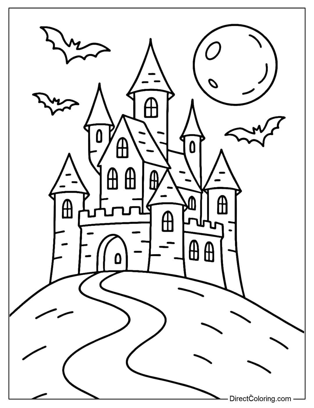 Coloring page of an ancient castle on a hill, with a full moon, flying bats and mysterious glowing windows.