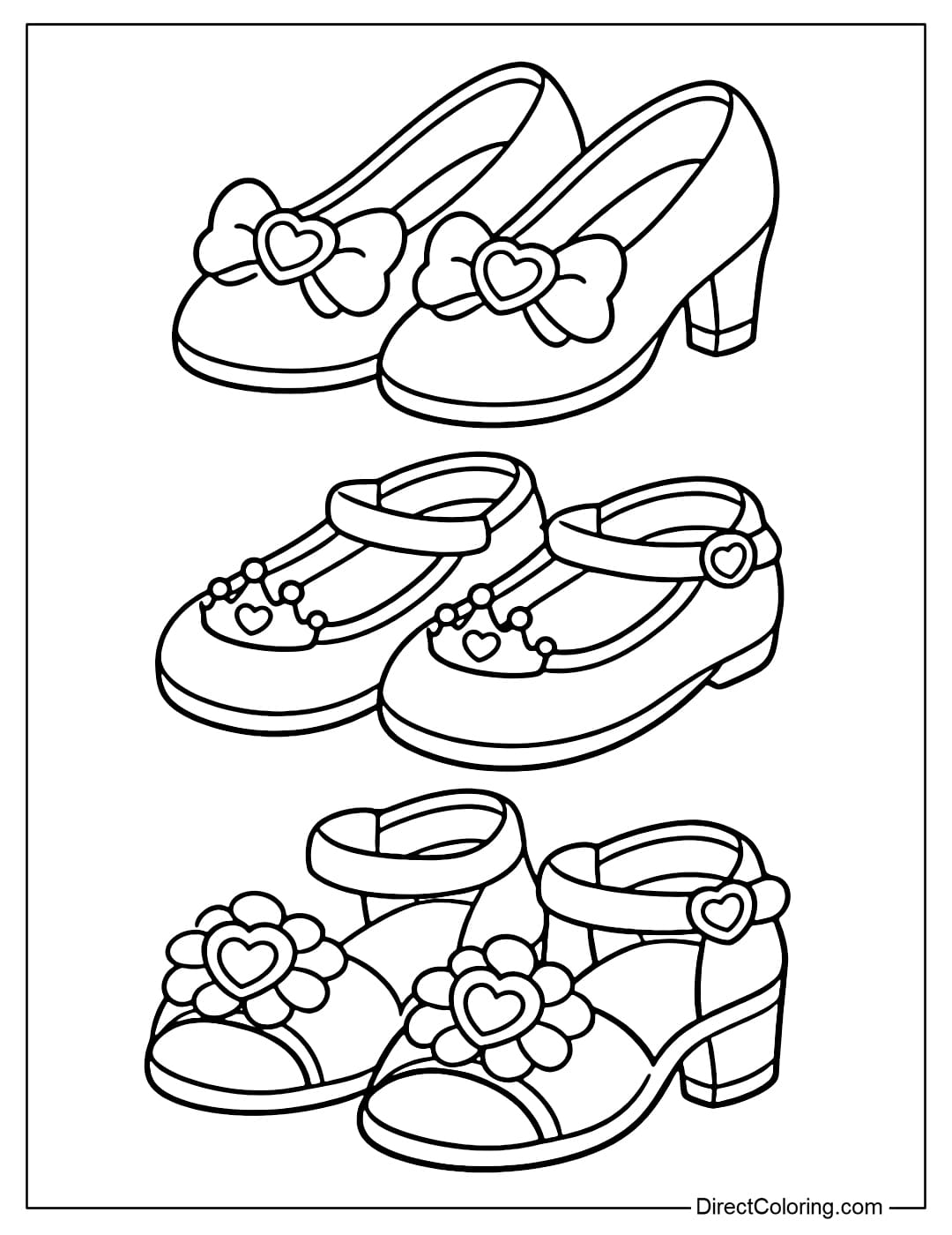 Coloring page of a collection of 2–3 pairs of princess shoes with simple designs.