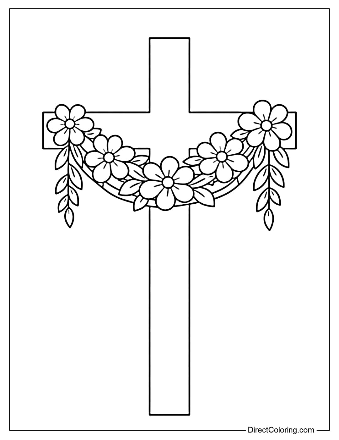 Coloring page of a cross with a long, soft flower garland wrapped around its horizontal section.