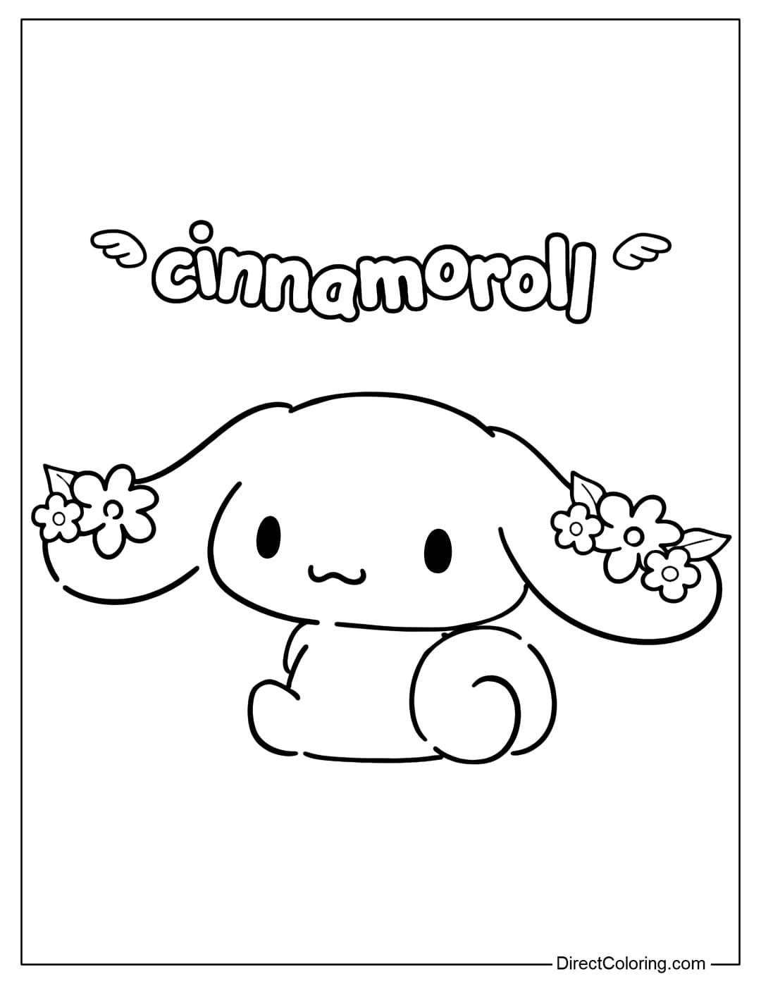 A cute Cinnamoroll coloring page with long ears adorned with flowers, and the word 