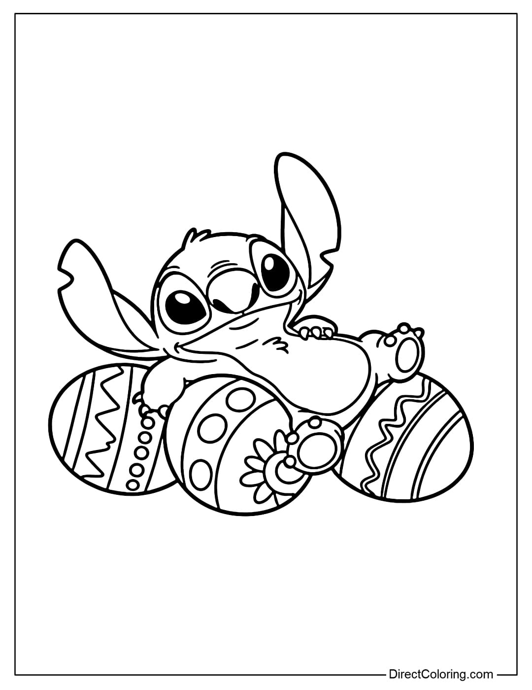 Stitch is relaxing on several large Easter eggs.