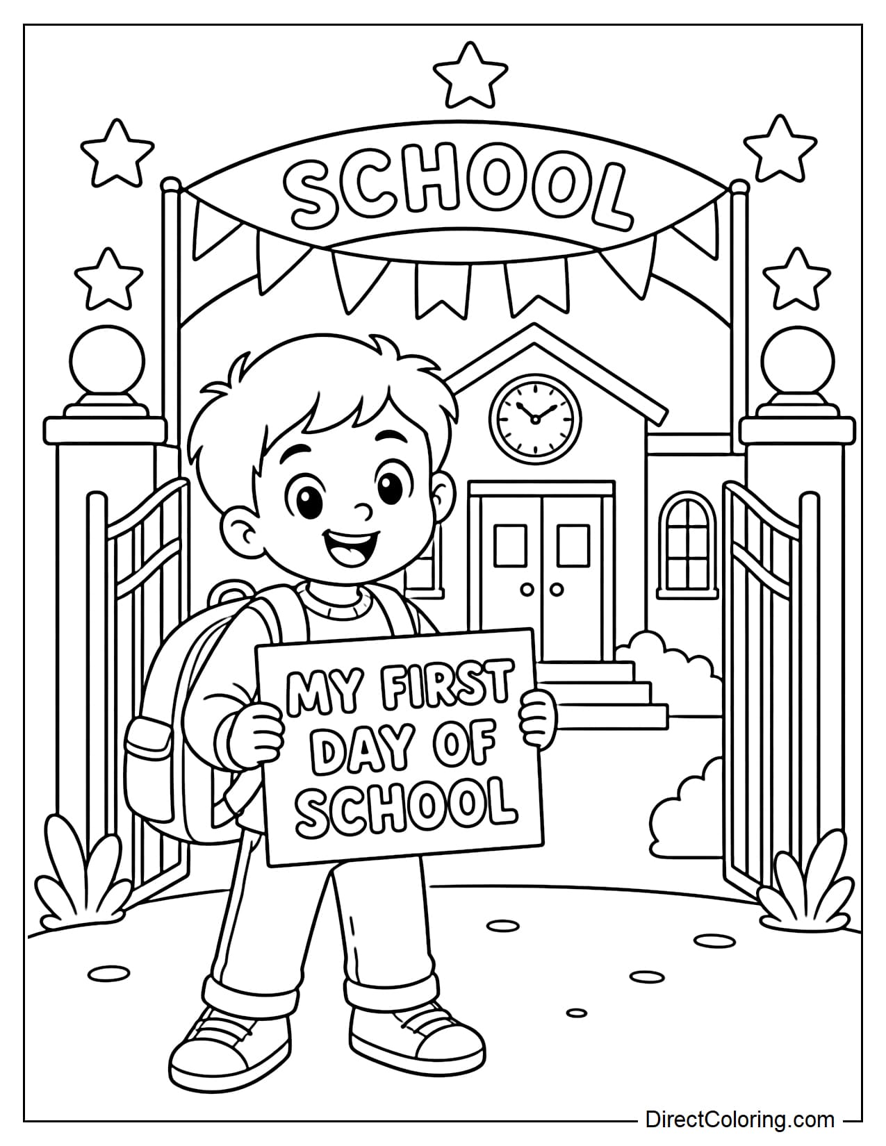 A student stands happily at the school gate on their first day of school, wearing a large backpack and holding a sign that reads 