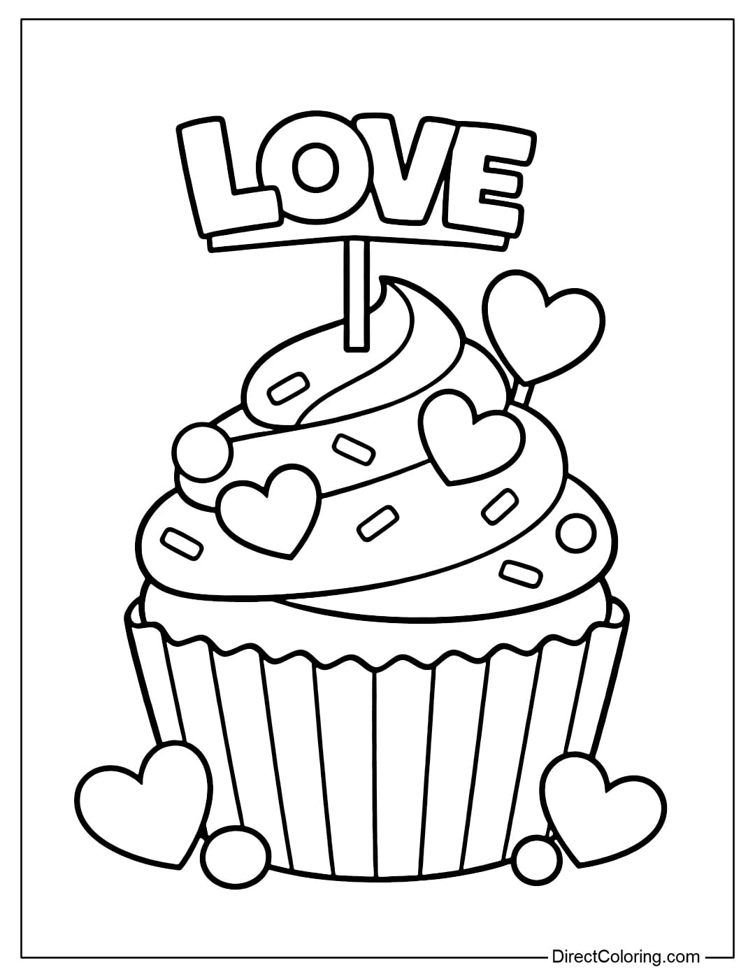 A coloring page with a Valentine's cupcake, topped with a stick that says LOVE.
