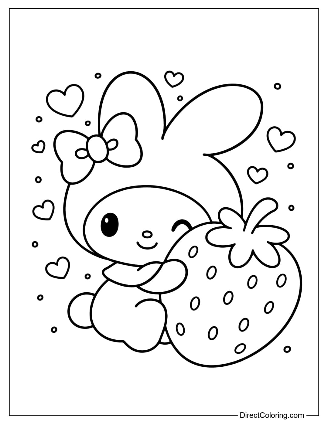 A cute My Melody coloring page featuring her hugging a large strawberry, surrounded by small hearts.