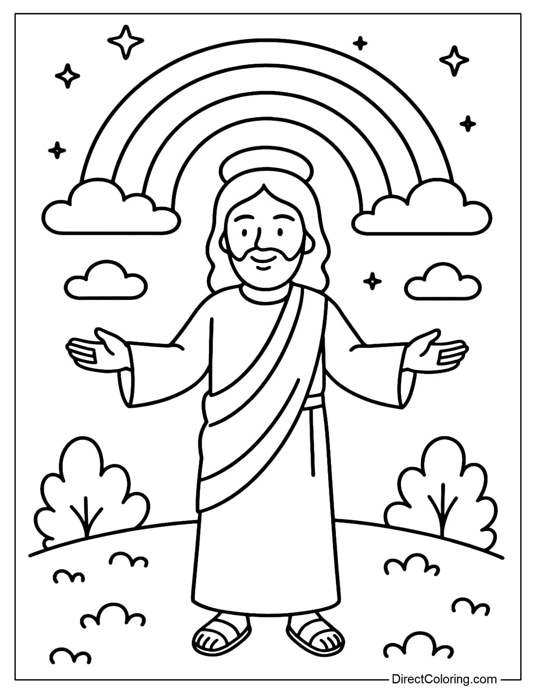 Jesus Coloring Page standing under a large rainbow with fluffy clouds and a few stars, two arms open.
