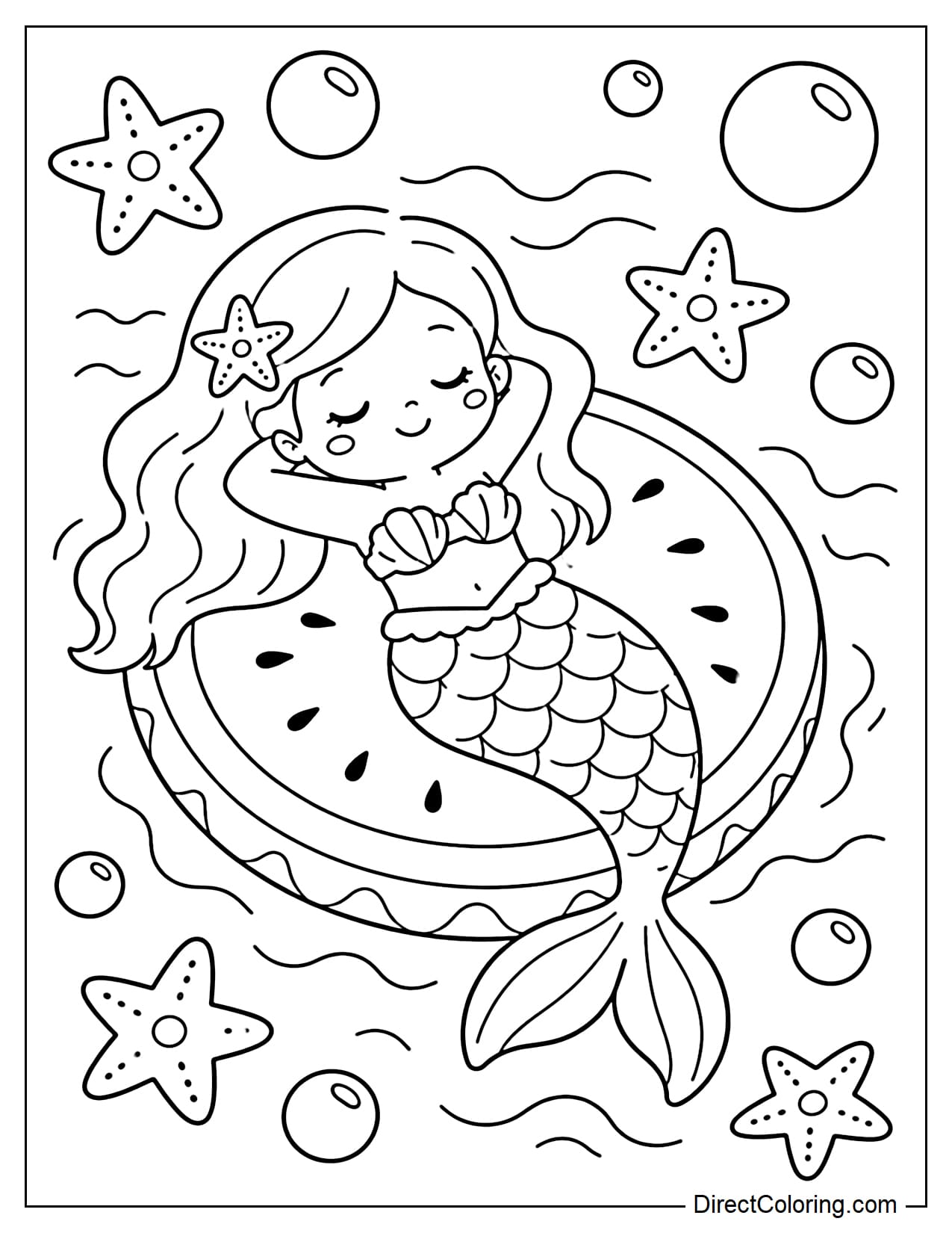A mermaid is relaxing on a watermelon-shaped float in the gentle water, surrounded by starfish and large bubbles.